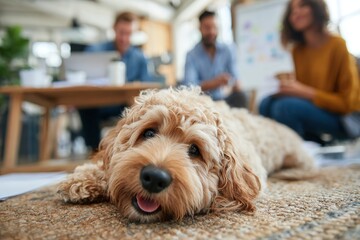 Dog relaxing on a rug while startup team collaborates in a modern office space