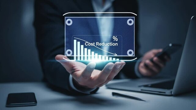 A person holding a cost reduction graph with a laptop and phone on a desk in a dark room