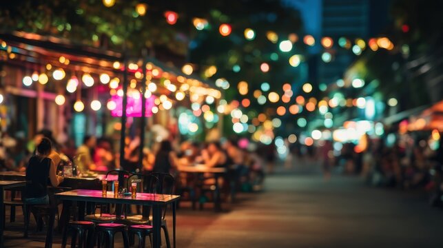 Nightlife illuminated street dining urban scene bokeh lights