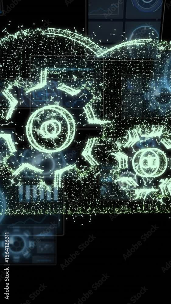 Poster animation of digital cloud with cogs and data processing on black background