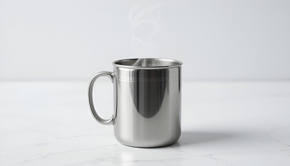 An elegant, shiny, steel mug releases gentle steam on a bright, clean marble surface, perfect for beverage or kitchenware promotions.