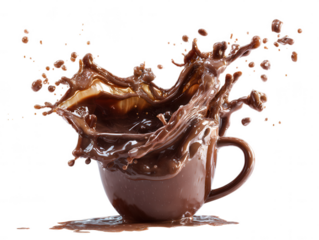 Chocolate Splash A Delightful Moment Frozen in Time in a Brown Cup with a dynamic, delicious chocolate beverage pouring in a captivating splash