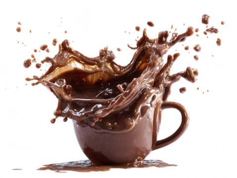 Chocolate Splash A Delightful Moment Frozen in Time in a Brown Cup with a dynamic, delicious chocolate beverage pouring in a captivating splash