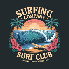 A vintage surf company graphic featuring a stylized wave, palm trees, hibiscus flowers, and a surfboard against a sunset, ideal for beach-themed designs or summer promotions.