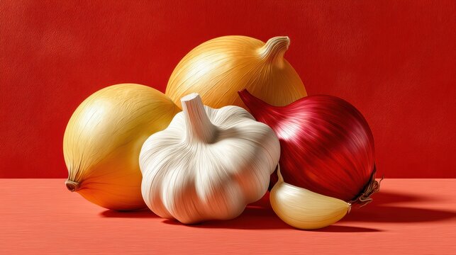 Minimalist still life of garlic and onions on red background