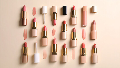 Obraz premium Batons e Brilhos Labiais Nude em Composição Flat Lay
