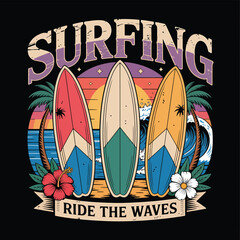 Summer surfing scene displays vibrant surfboards on a beach with palm trees, evoking the essence of a retro surf lifestyle, ideal for vacation themes and coastal designs.