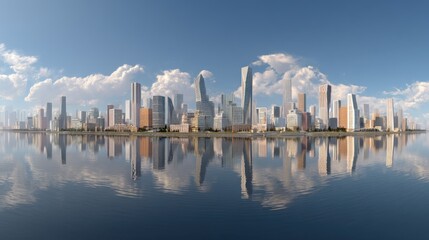 Modern city skyline reflection calm water urban panorama