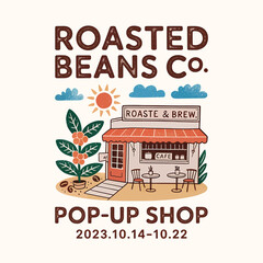 Charming coffee shop promotion design with cozy cafe, beans, sun, and clouds, perfect for branding, logo creation, or printable coffee themed posters and event announcements.