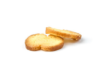 Bruschetta slices isolated on a white background, showcasing golden-brown toasted edges and a...