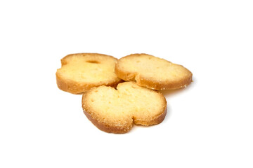 Bruschetta slices arranged on a white background, showcasing golden-brown crusts and soft interiors, perfect for culinary presentations and food styling concepts