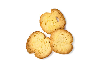 Bruschetta slices arranged artistically on a clean white background, showcasing golden-brown toasted edges and a crispy texture, perfect for culinary presentations and food photography