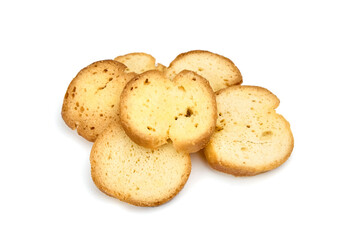 Bruschetta slices arranged on a white background, showcasing golden-brown toasted bread with a...