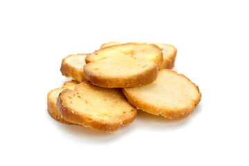 Bruschetta slices arranged in a pile on a clean white background, showcasing the golden-brown crust and soft texture, ideal for culinary presentations and food photography