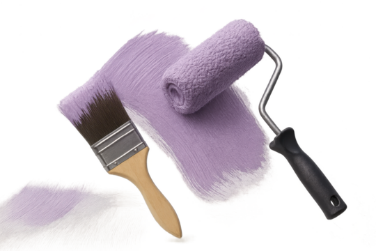 Paint roller and brush with lavender paint isolated on a transparent background