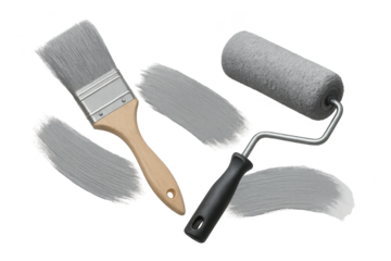 Paint brush and roller with grey paint strokes, isolated on transparent background