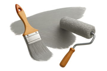 Paintbrush and paint roller with gray paint isolated on transparent background