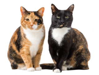 Two Cute Calico Cats Posing on White Background A Charming Pet Portrait with Vivid Colors and Patterns
