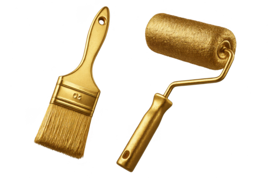 Golden paint brush and roller isolated on transparent background, artistic tools