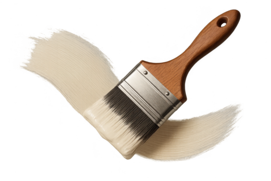 Paintbrush with beige paint isolated on transparent background, detailed shot