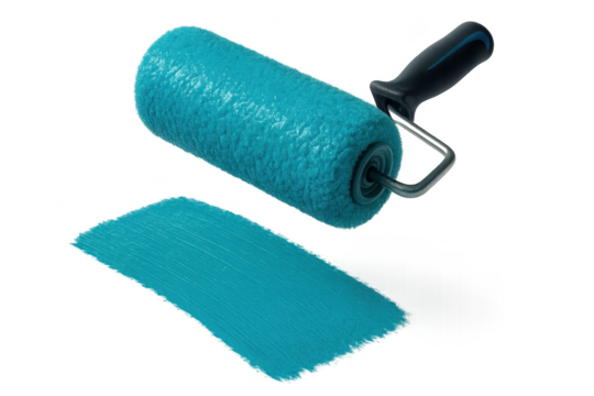Blue paint roller with stroke isolated on a transparent background cutout