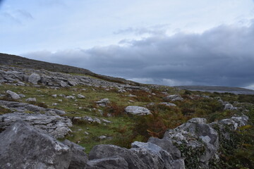 Fototapeta premium stone field near the sea with green fields
