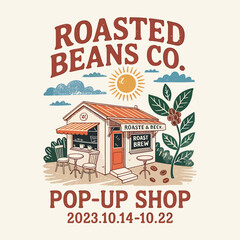 Captivating Coffee Shop design, showcasing a pop-up shop with roasted beans, sun, plants and clouds, perfect for branding, marketing, or adding a touch of charm to any project.