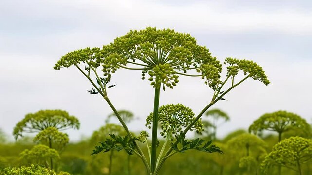 Toxic Heracleum sosnowskyi plant with large green umbels in wild field under cloudy sky. Dangerous poisonous hogweed species. Concept invasive flora, skin hazard