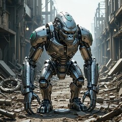 Fototapeta premium Post-Apocalyptic Guardian: Massive Cybernetic Ape Roaming a Desolate City