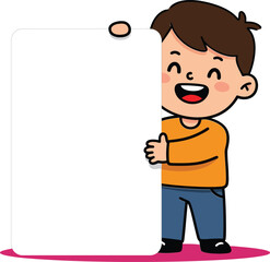 Happy smiling boy holding blank white poster board standing on pink shadow isolated on white background illustration