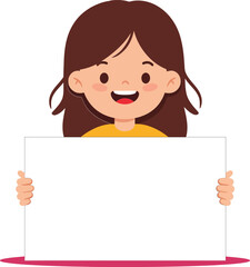 Girl holding blank white sign smiling cheerful expression for communication and messages 