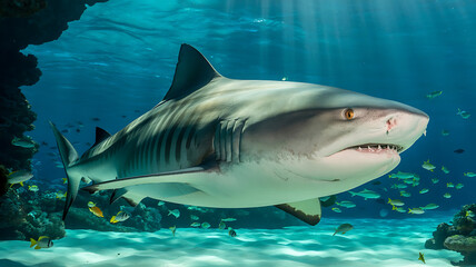 Fototapeta premium Powerful tiger shark, fierce predator in ocean depths. 