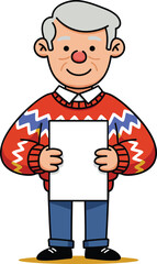 Cartoon elderly man holding blank sign wearing colorful sweater and jeans smiling cheerful pose 