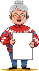 Elderly woman holding blank white sign wearing red and white sweater smiling cheerful illustration 