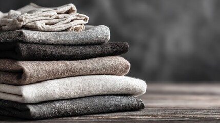 Neutral fabric textures stacked linen on wooden surface