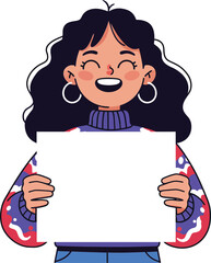 Smiling girl with curly hair holding blank white sign in colorful sweater and hoop earrings cheerful expression 