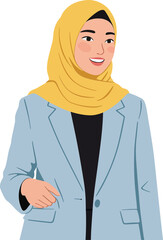 Young woman wearing yellow hijab and blue blazer standing with confident expression in portrait orientation 