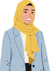 Young woman wearing yellow hijab and light blue blazer smiling in portrait style digital illustration 