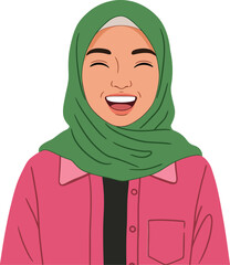Smiling woman wearing green hijab and pink jacket expressing happiness and joy in portrait style digital illustration 
