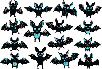 Collection of cute cartoon bat characters with blue accents. Fun and spooky Halloween vector illustration set.