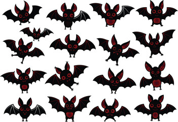 Fototapeta premium Collection of cute cartoon bats with glowing red eyes. Fun and spooky Halloween vector characters.