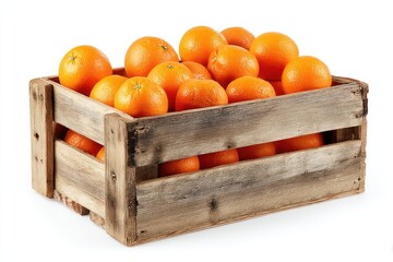 A rustic wooden crate overflowing with a bounty of bright, ripe oranges against a stark white backdrop