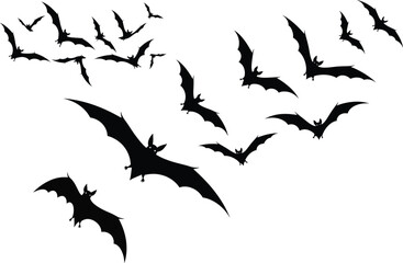 Flock of black bat silhouettes flying in formation. Spooky Halloween vector design element.