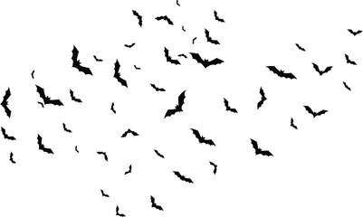 Swarm of flying black bat silhouettes. Spooky Halloween vector background and design element.