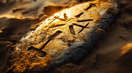 Sunlit Ancient Rune Stone on Sandy Beach:  Mysterious Carvings in Golden Hour Light