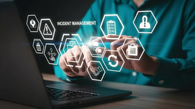 Person using laptop with incident management icons and blue shirt in a business environment setting
