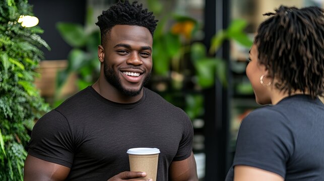 Smiling African American man holds a coffee cup while looking at a woman with dreadlocks outside. - Powered by Adobe