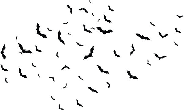 Swarm of flying black bat silhouettes. Spooky Halloween vector background and design element.