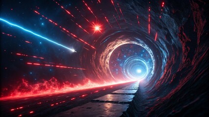 Sci-Fi Energy Portal with Red and Blue Light Trails, Cosmic Explosion, and Figures Approaching a Stargate in a Futuristic Hallway