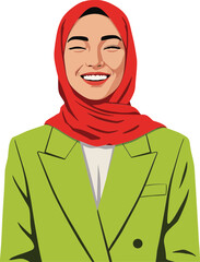 Young woman smiling wearing red hijab and green blazer portrait vector illustration cheerful expression 